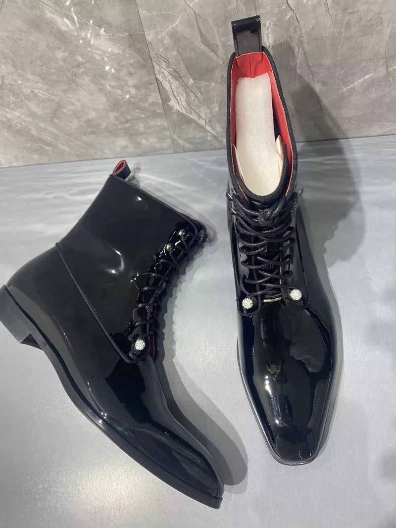 BRITISH NOIR - Men's Waterproof Patent Leather Lace-Up Boots - Handmade, Round Toe, Winter