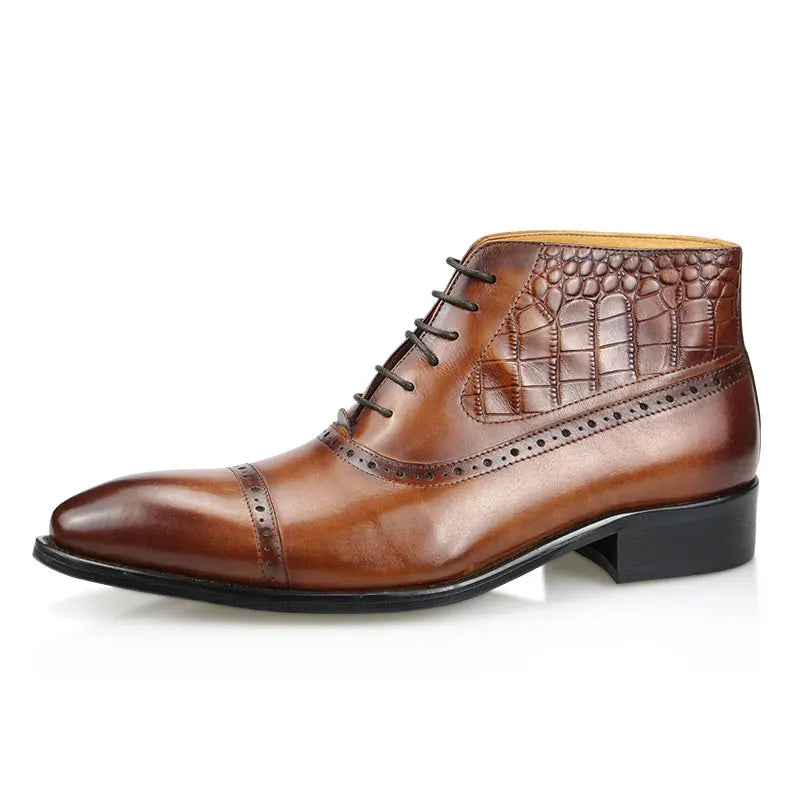 BRITISH PRINT - Men's Genuine Leather High Ankle Boots - Pointed Toe Retro Business