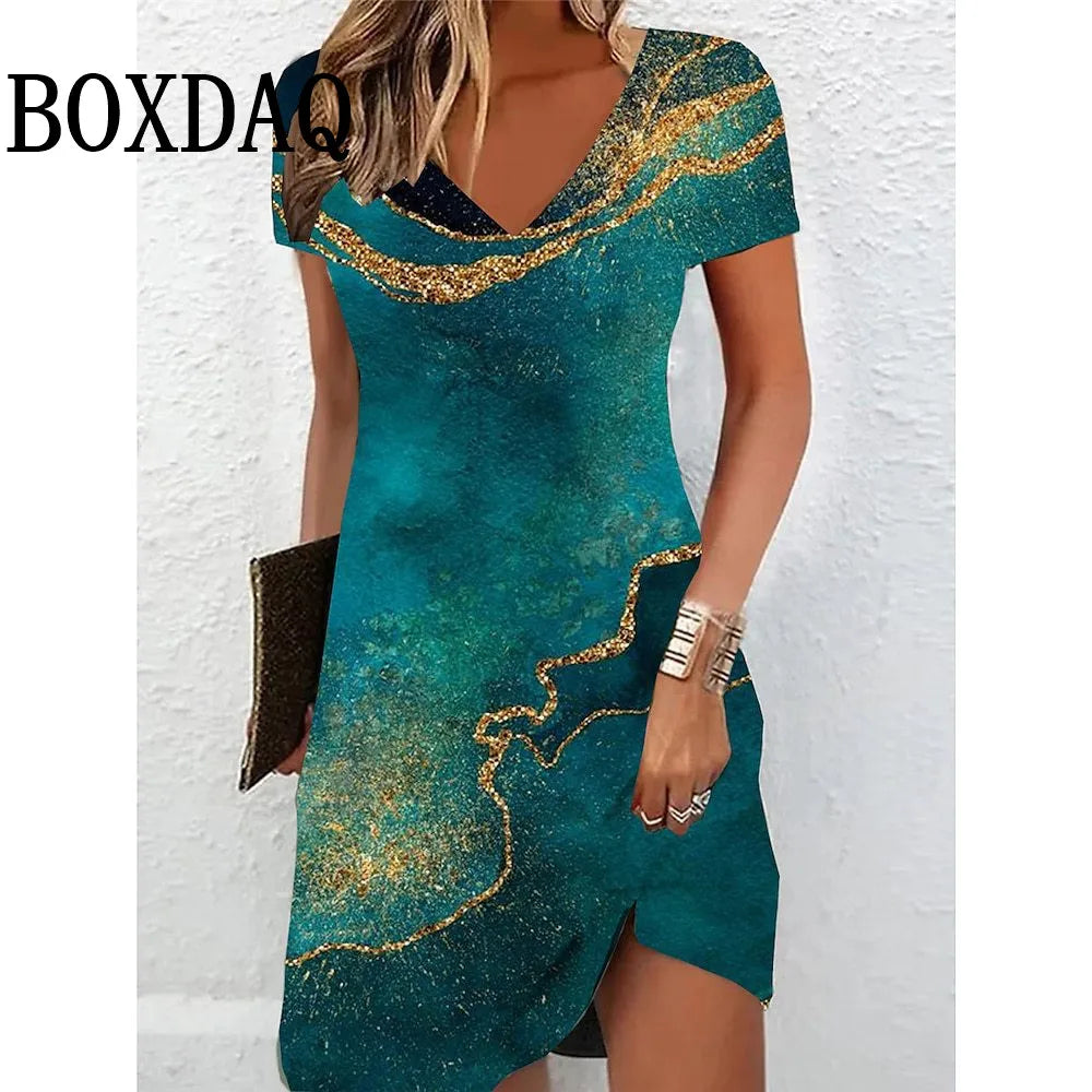 Elegant Women's Midi Dresses 2025 New Summer Fashion V-Neck 3D Printed Dress Casual Tie Dye Gradient Loose A-Line Dress Vestidos