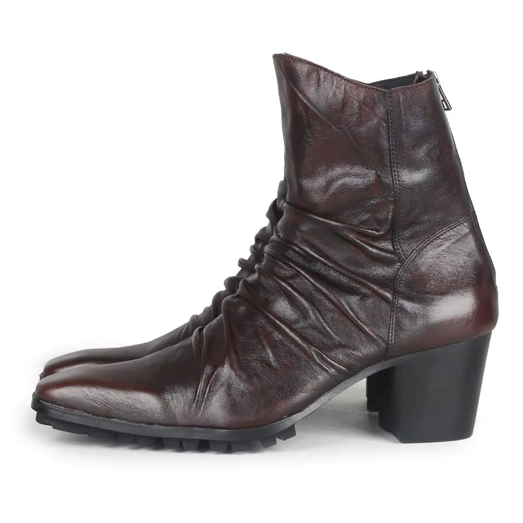 Pleated Cow Leather Chelsea Boots - Pointed Toe Zip Wedge Heel Yuppie Style