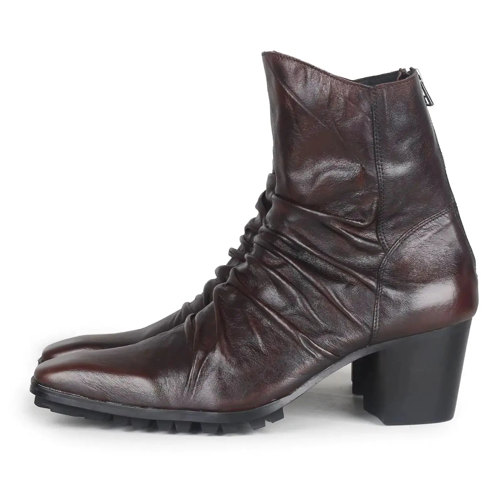 Pleated Cow Leather Chelsea Boots - Pointed Toe Zip Wedge Heel Yuppie Style