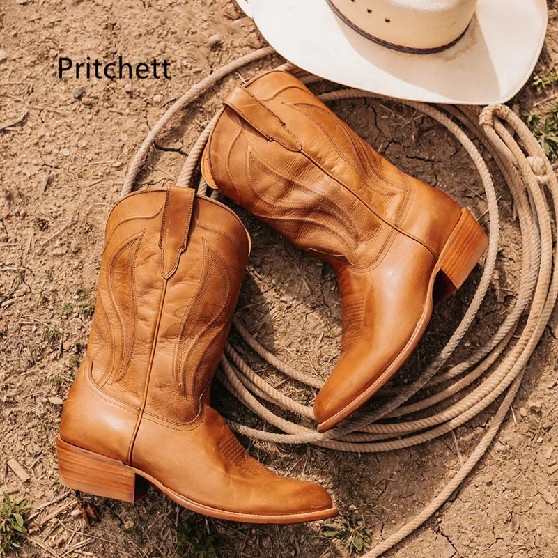 Men's Totem Western Cowboy Boots - Genuine Leather Mid-Calf Slip-On Waterproof Retro