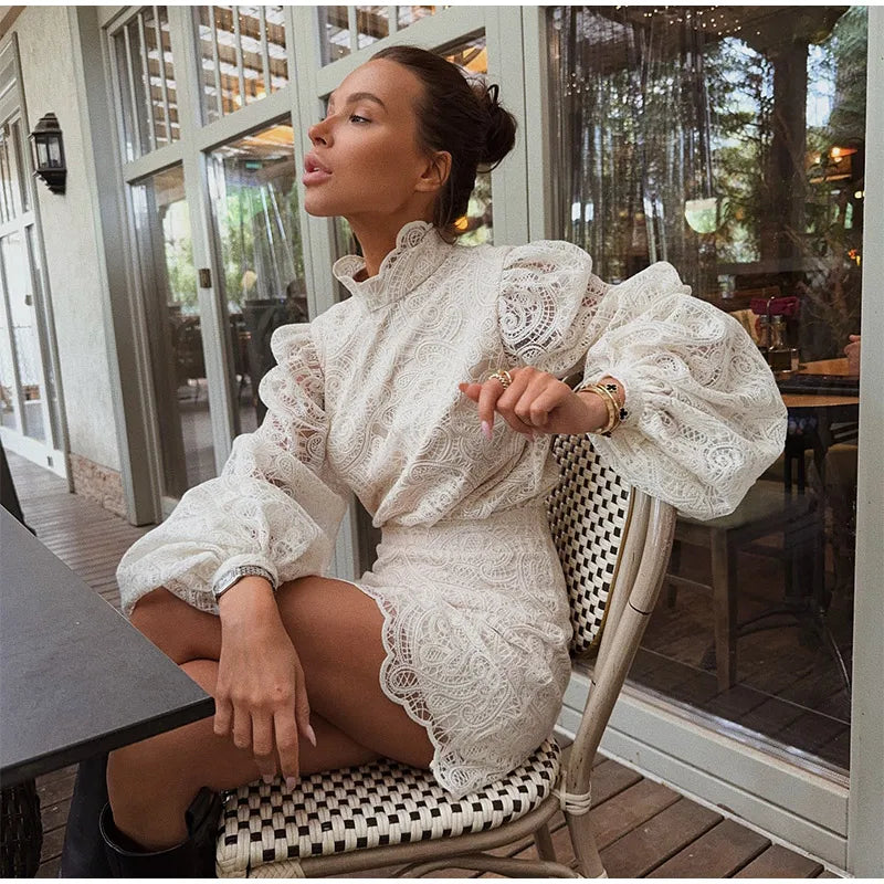 Trendy Lady Hollow Out Lace Mini Dress Elegant 2025 New Long Sleeve Designs Chic High Neck Short Vestidos Autumn Club Night Gown