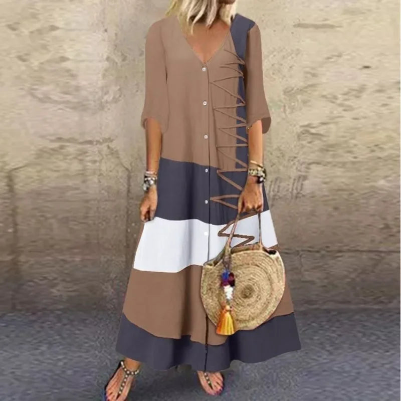 Women's Summer Color Block Patchwork Printed Dress V-neck Short Sleeved Fashion Dress Button Women's Casual Loose Long Dress