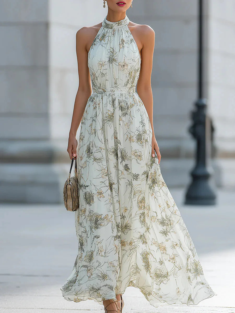 2026 Summer Women's New Style Halter Neck Floral Dress Women's French Style Waist Swing Dress