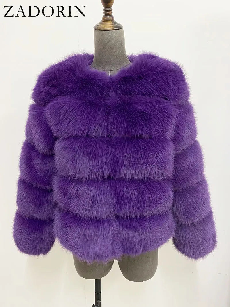 Women's Faux-Fur Jacket - Three-Quarter Sleeves - Plush Poise
