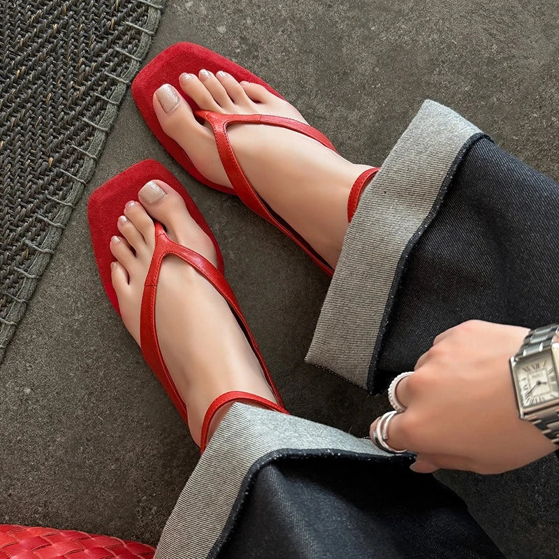 Split Toe Flat Sandals Women's Flip-Flops Genuine Leather Solid Color Back Strap Casual Sandalias Outdoor Versatile Beach Shoes