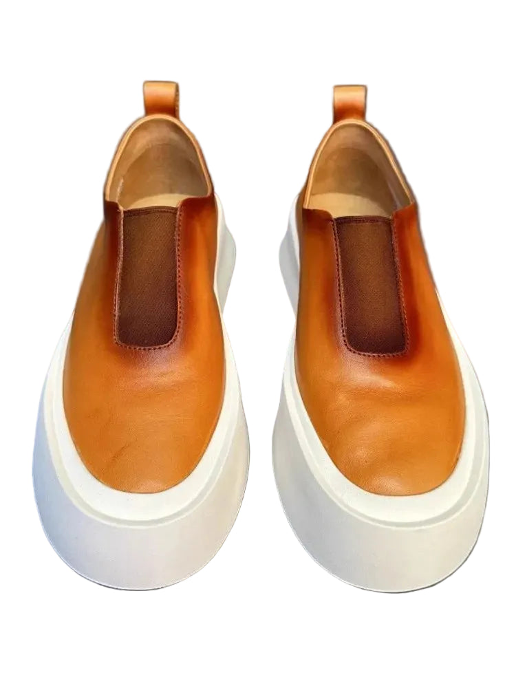 SKATE NOBLE - Men's Cowhide Leather Slip-On Loafers - Vintage Round Toe, Thick Platform