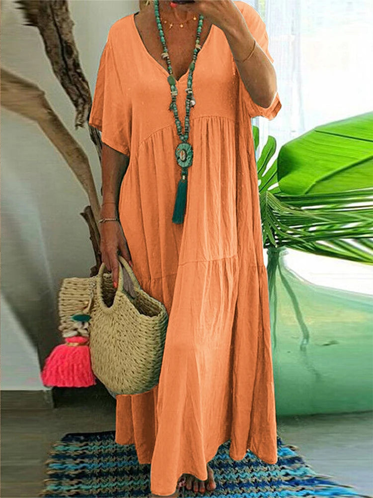 Plus Size 2025 Summer New V-neck Short Sleeve Pleated Solid Color Loose Casual Midi Dress Basic Hem Pleated