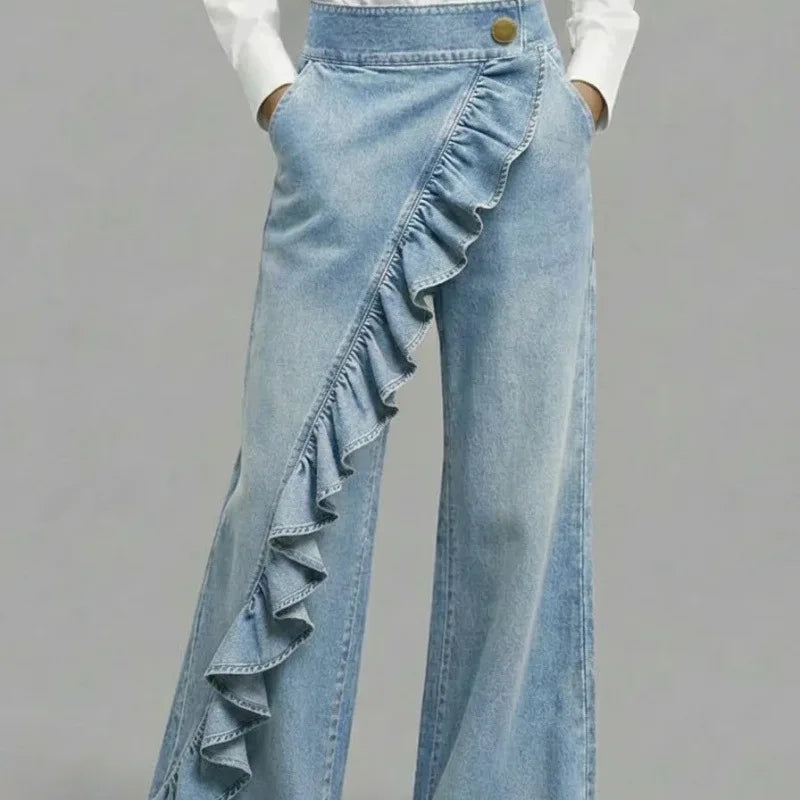 KIDCRKJ Spring American Style Loose Irregular Splicing High Waisted A-line Wide Leg Jeans For Women Spring 2026 New