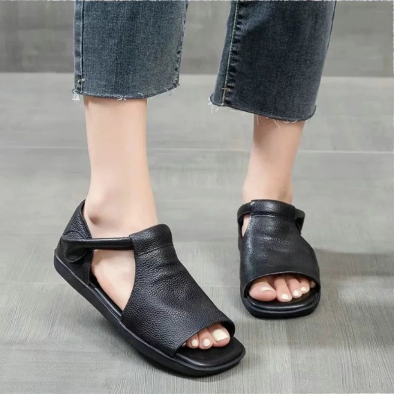 Women's Hook & Loop Flat Sandals Summer - Open-Toe Casual Beach Shoes, Comfortable Soft Sole Walking Sandals for Daily & Vacation