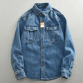 HEAVY DENIM OVERSHIRT - Men's Loose Fit Long Sleeve Cotton Shirt Turn-Down Collar Pockets - Two Colorways