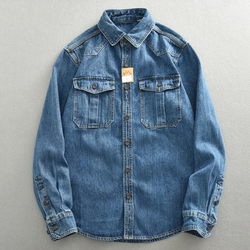 HEAVY DENIM OVERSHIRT - Men's Loose Fit Long Sleeve Cotton Shirt Turn-Down Collar Pockets - Two Colorways