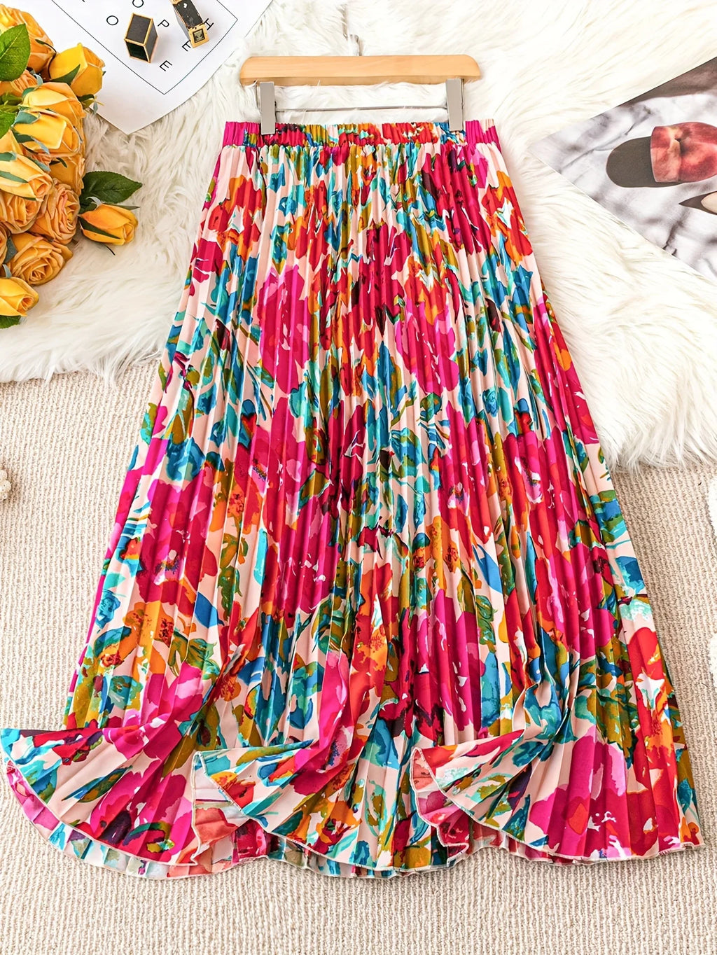 Elegant floral skirt – long, pleated, high-waisted