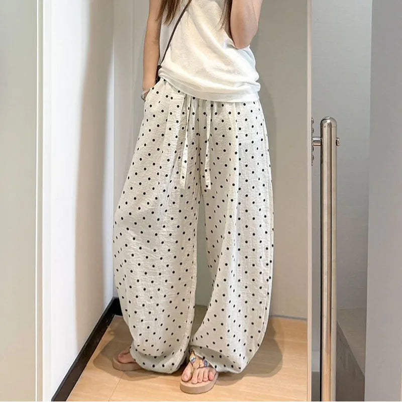 POLKA DOT LINEN WIDE-LEG PANTS - Drawstring High Waist, Loose Fit - Easy Summer