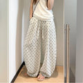 POLKA DOT LINEN WIDE-LEG PANTS - Drawstring High Waist, Loose Fit - Easy Summer