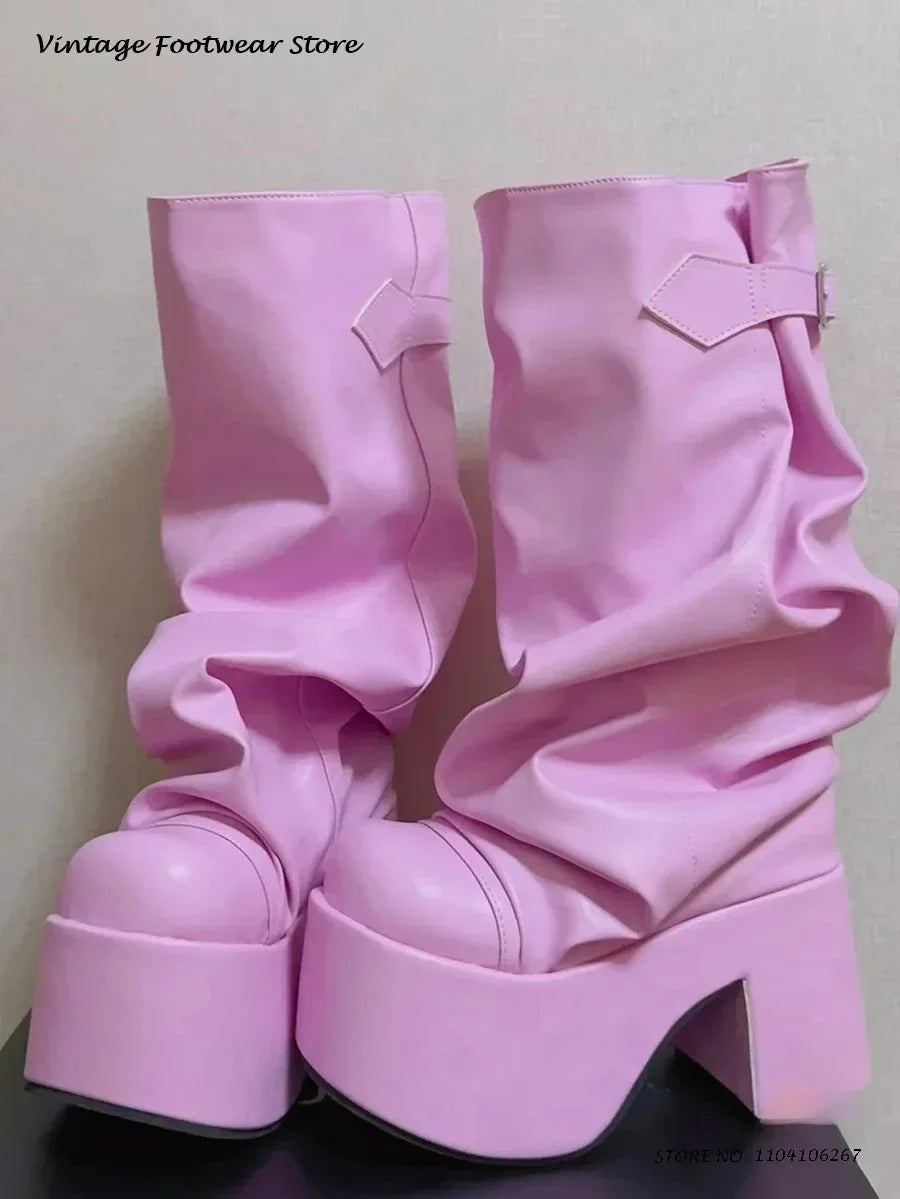 Patchwork Pleated Suede Knee-High Platform Boots
