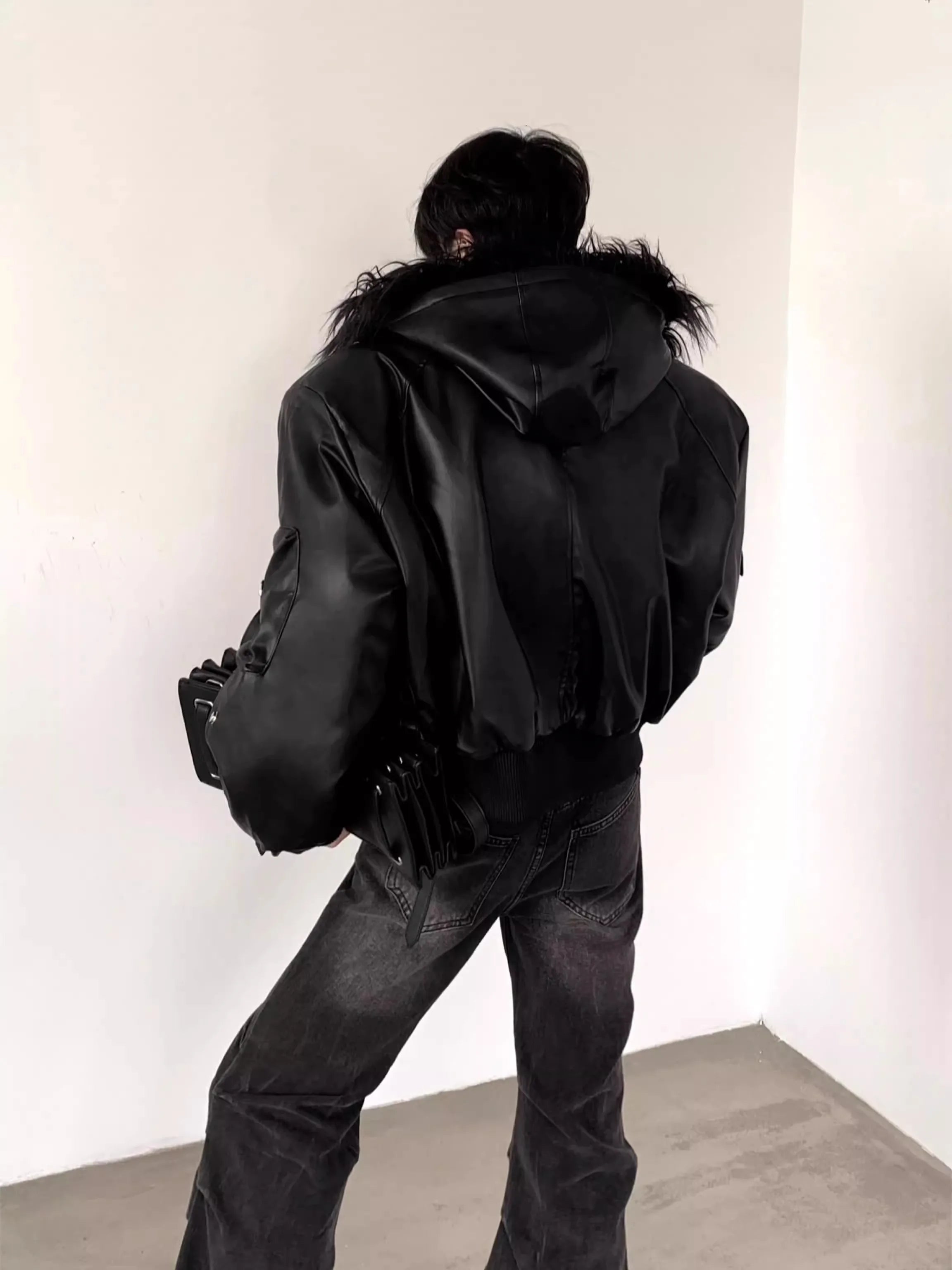 FUR HOOD PU - Men's Short Oversized PU Leather Jacket with Faux Fur Hood - Black, XS–XL