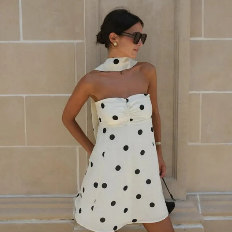 Elegant White Polka Dot Short Dress Sexy Slip Sleeveless Backless Silk Mini Dresses Evening Party Cute Birthday New Summer 2026