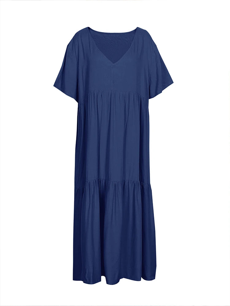 Plus Size 2025 Summer New V-neck Short Sleeve Pleated Solid Color Loose Casual Midi Dress Basic Hem Pleated
