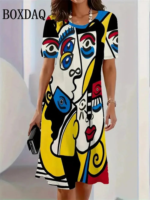 2025 Summer Women's Clothing Art Face Painting Print Women Casual Loose Short Sleeve Dresses Fashion Women Plus Size Dresses 9XL