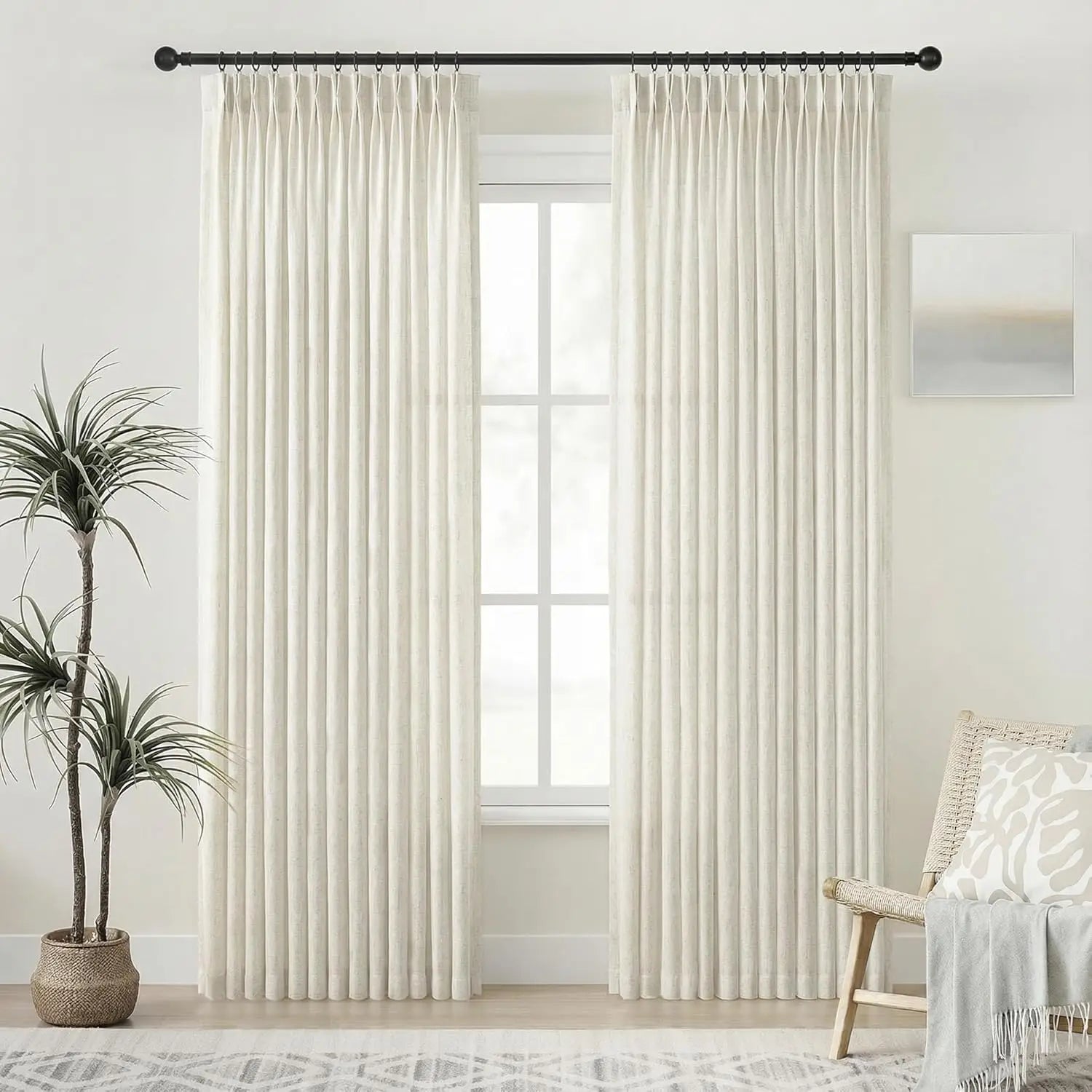 PINCH PLEAT LINEN CURTAINS - Heavy 280gsm Semi-Sheer Panel - Structured Drape, Quiet Rooms