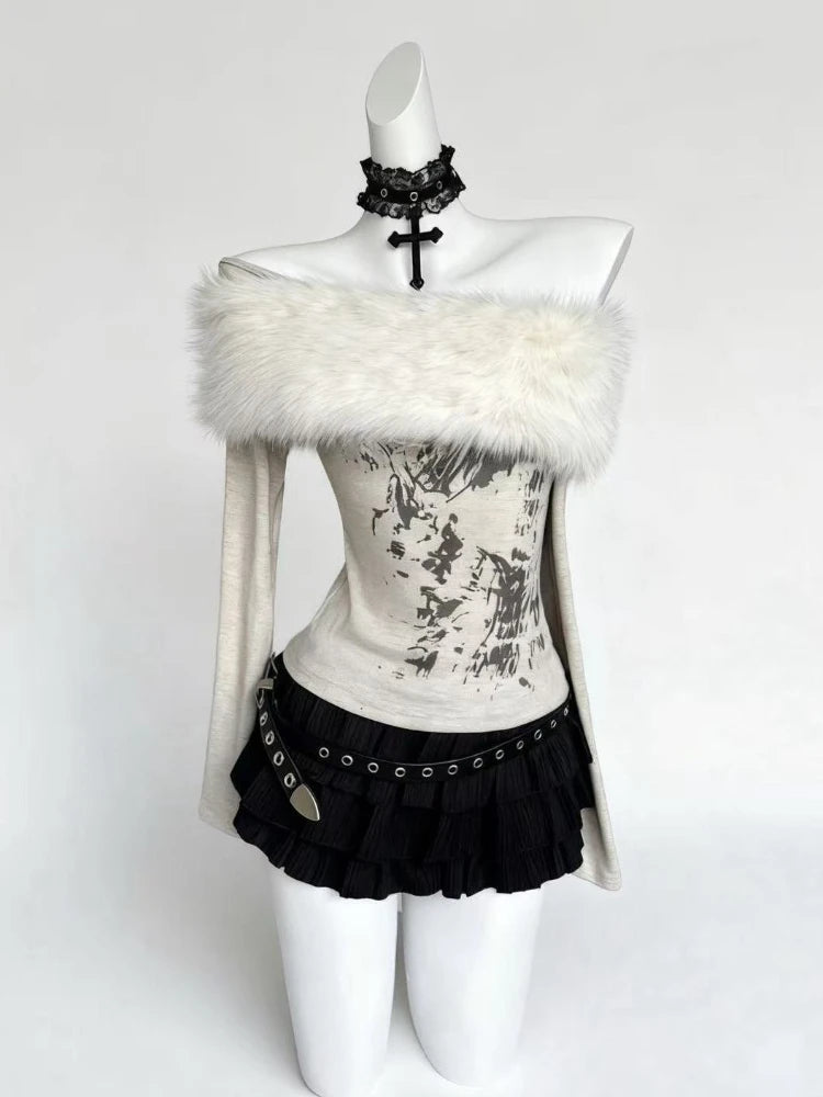 Subculture New Off Shoulder Slim T-Shirts Women Aesthetic Hot Girl Print Fur Collar Tees Female Design Y2k Gothic Base Shirt