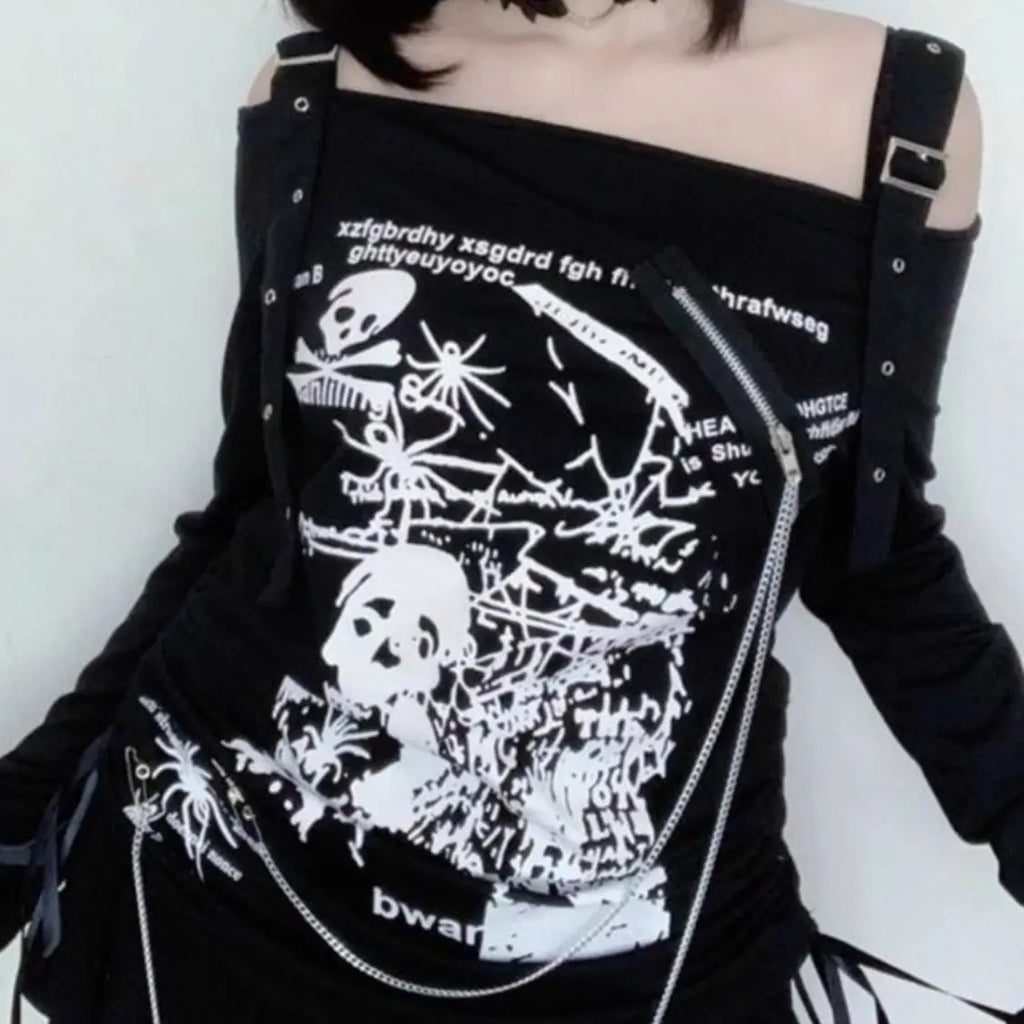 Subculture Punk Skull Print Slash Neck T-shirt Women Vintage Off Shoulder Design Long Sleeve Loose Tops Harajuku Gothic Chic Tee