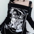 Subculture Punk Skull Print Slash Neck T-shirt Women Vintage Off Shoulder Design Long Sleeve Loose Tops Harajuku Gothic Chic Tee