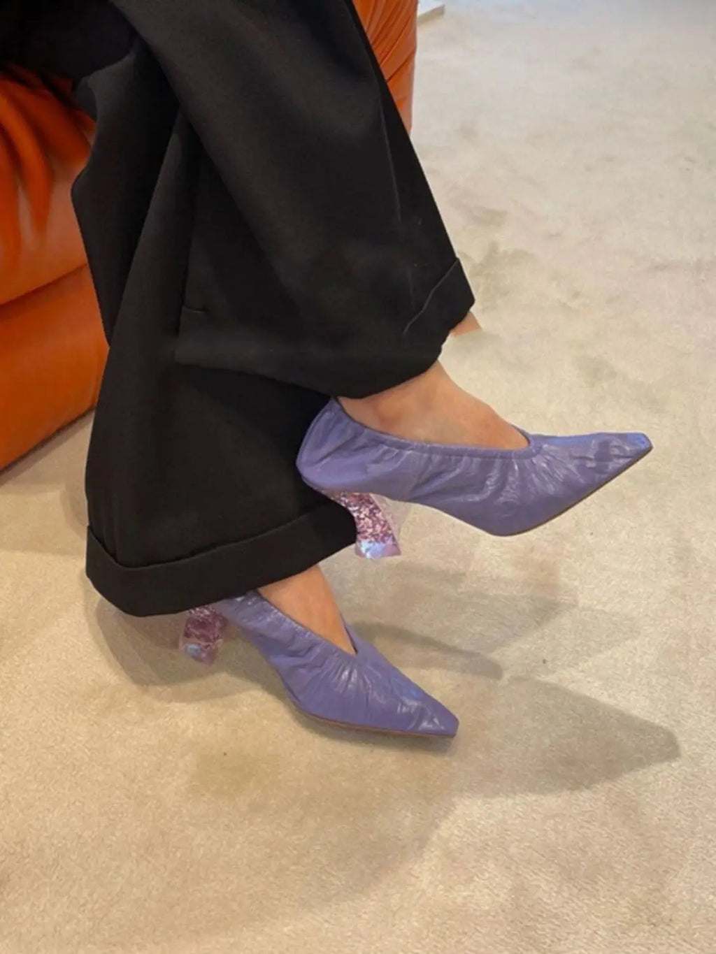 Pink Small Square Head Retro Heels for Ladies Genuine Leather Transparent Crystal High Heels Comfortable Sheepskin Women's Pumps