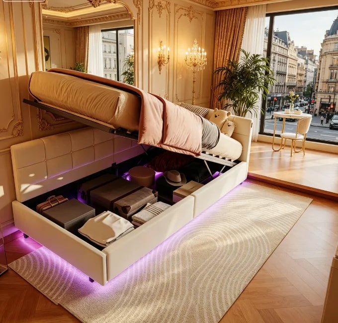 Upholstered Sofa Bed 90x200cm – LED, USB, Hydraulic Storage, Velvet