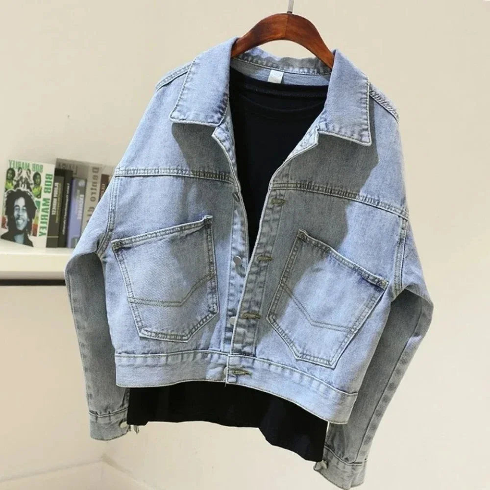 Crop Denim Jacket – Batwing Sleeve Loose Fit