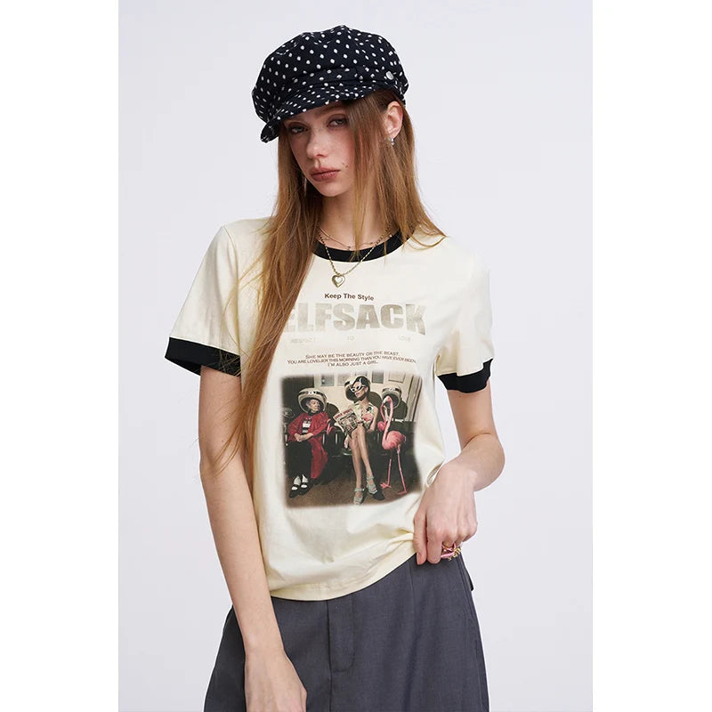 ELFSACK Women's Vintage Ringer T-Shirt with Photo Graphic Print, Retro Contrast Tee for Summer, Chic Aesthetic Short Sleeve Top