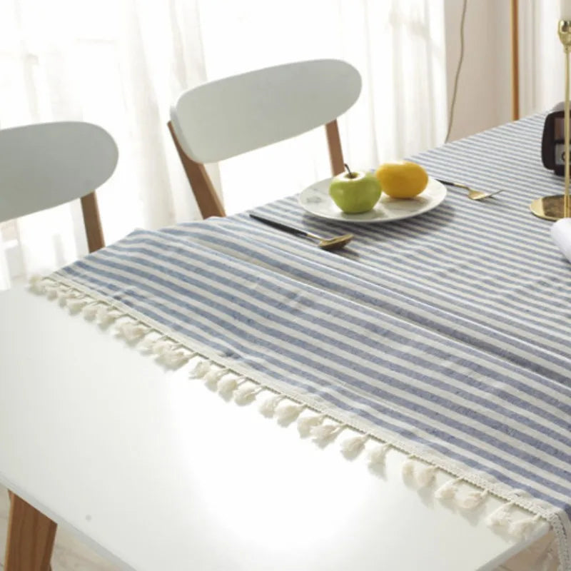 STRIPED TASSEL TABLECLOTH - Gingham Polyester, Tassel Fringe - Laid Tables