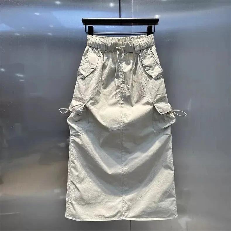 Women Y2k Cargo Long Skirt High Waist Drawstring Maxi Skirt Ruched Vintage Split Elastic Waist Cargo Skirt with Pockets
