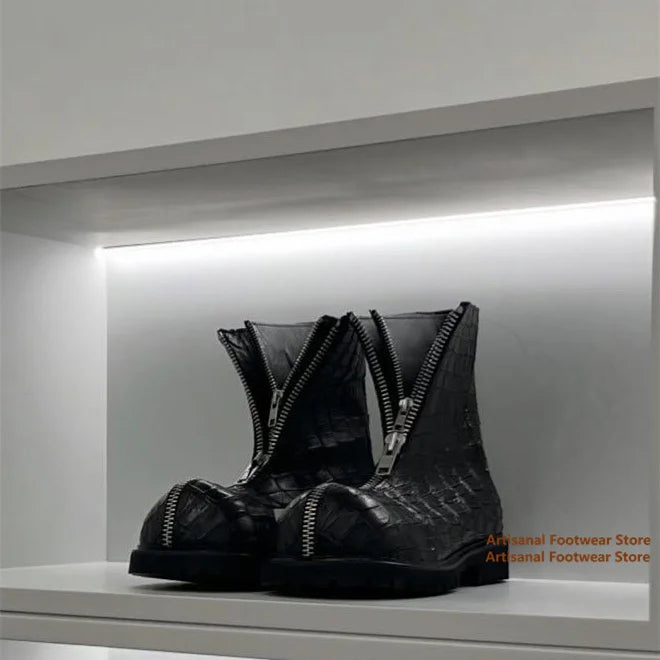 CROC NOIR - Men's Croc Embossed Leather Ankle Boots - Front Zip, Thick Platform, Gothic Style