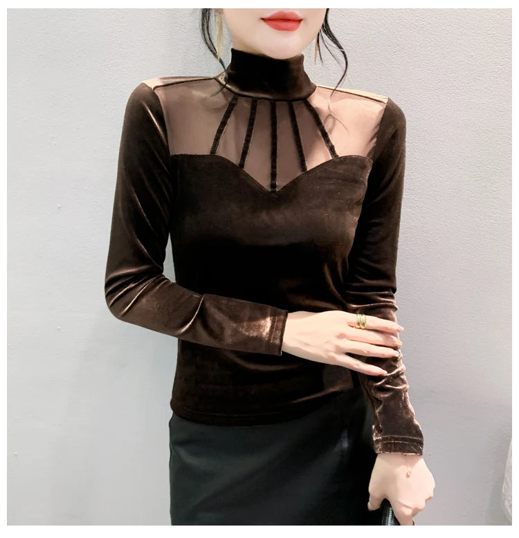 Velvet Mesh Turtleneck Top - Long Sleeve Slim Fit Elegant