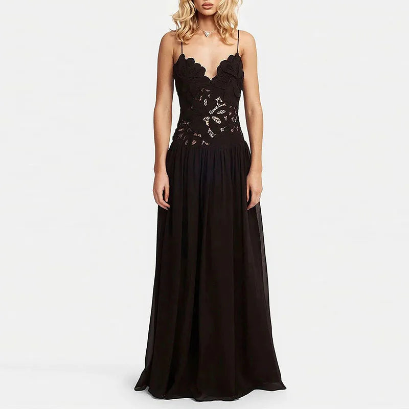 Elegant Pure Color Chiffon Dress Sexy Lace Spliced Mesh Pleated Evening Dress Fashion Hollow Out Sleeveless Halter Banquet Dress