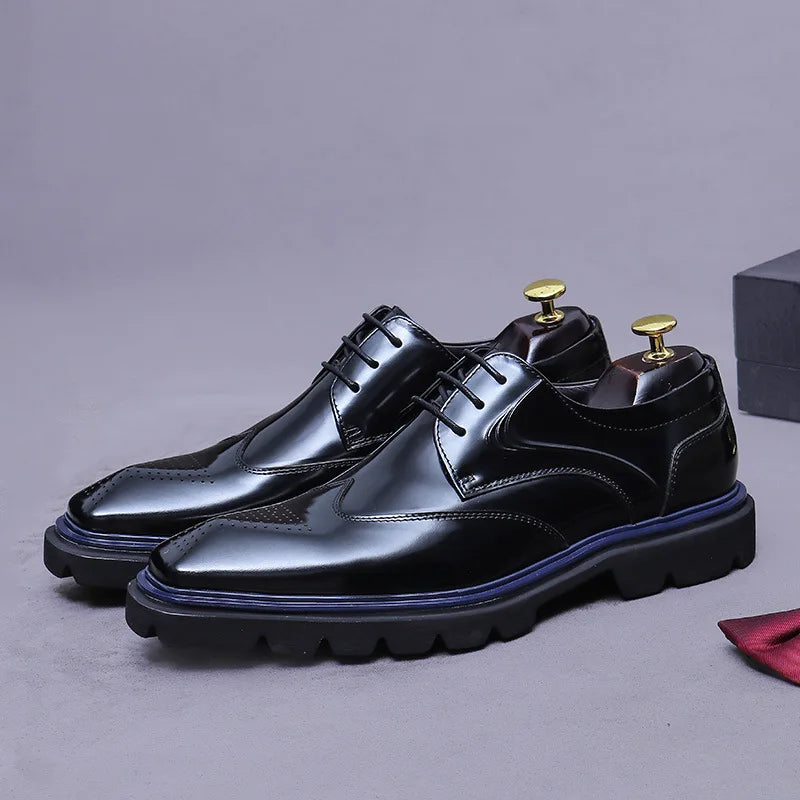 BURGUNDY WING - Men's Patent Leather Wingtip Brogue Derby Shoes - Thick Sole, Non-Slip Office Footwear
