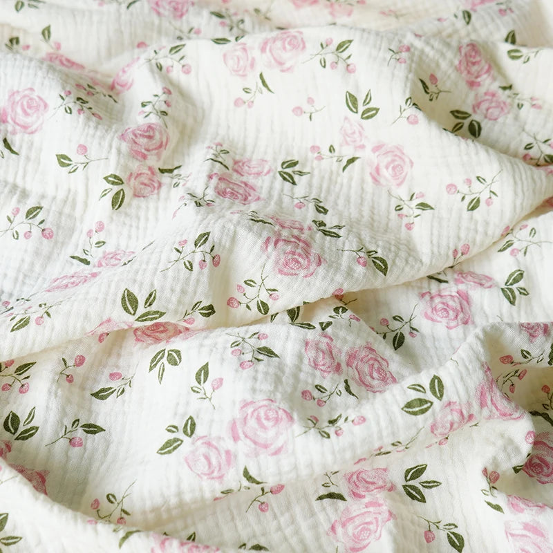 135x50CM Pink Rose Flower Printed Pure Cotton Double-layer Crepe Fabric For Kids Clothes, Household Cloth DIY Fabric YHTJ0137