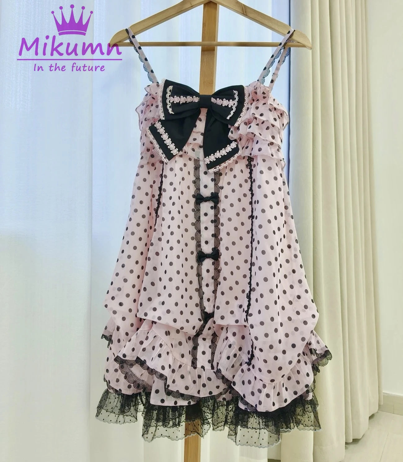 Mikumn Gothic Girls Vintage Pink Polka Dot Dress Harajuku Japanese Y2k Black Bow Kawaii Women Sleeveless Strap Mini Dresses