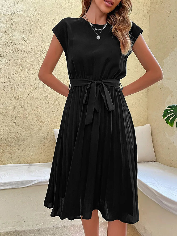 Elegant Women's Summer Casual Beach Sundress Short Sleeve Pleated Midi Dress Solid Colour O Neck Tunic Dresses Fashion