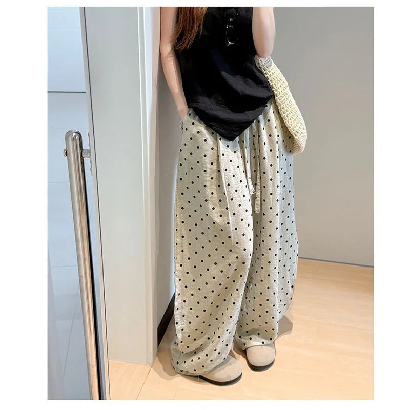 POLKA DOT LINEN WIDE-LEG PANTS - Drawstring High Waist, Loose Fit - Easy Summer