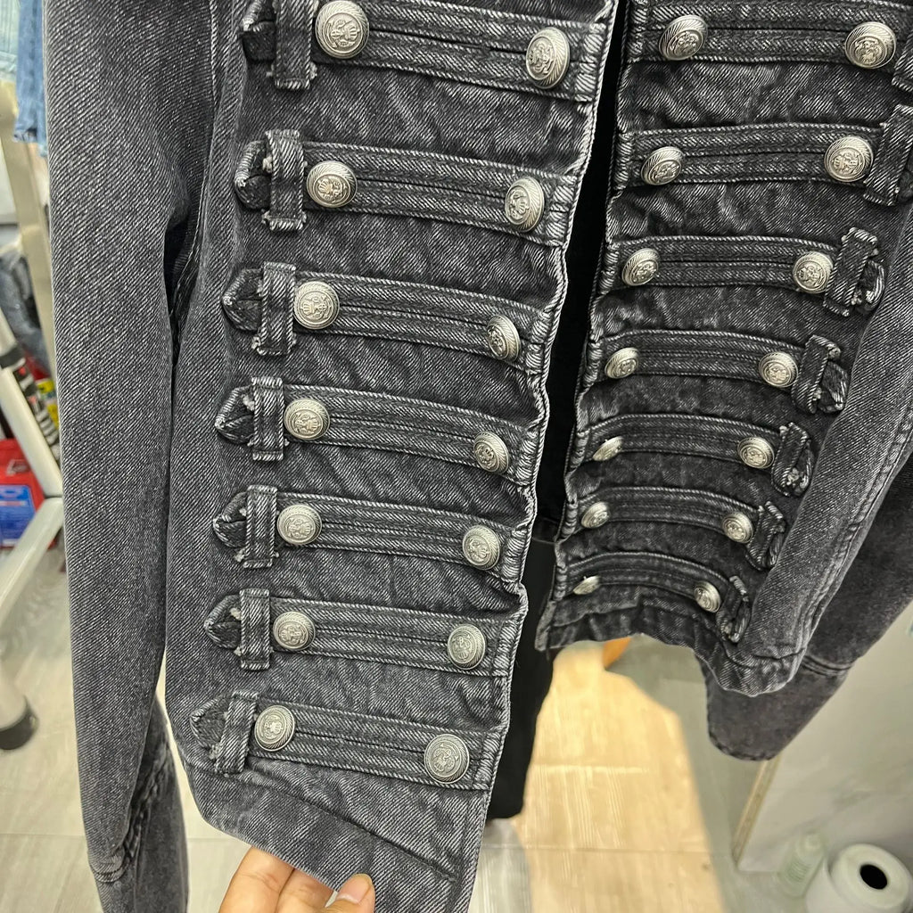 Distressed Washed Denim Coat - Stand Collar