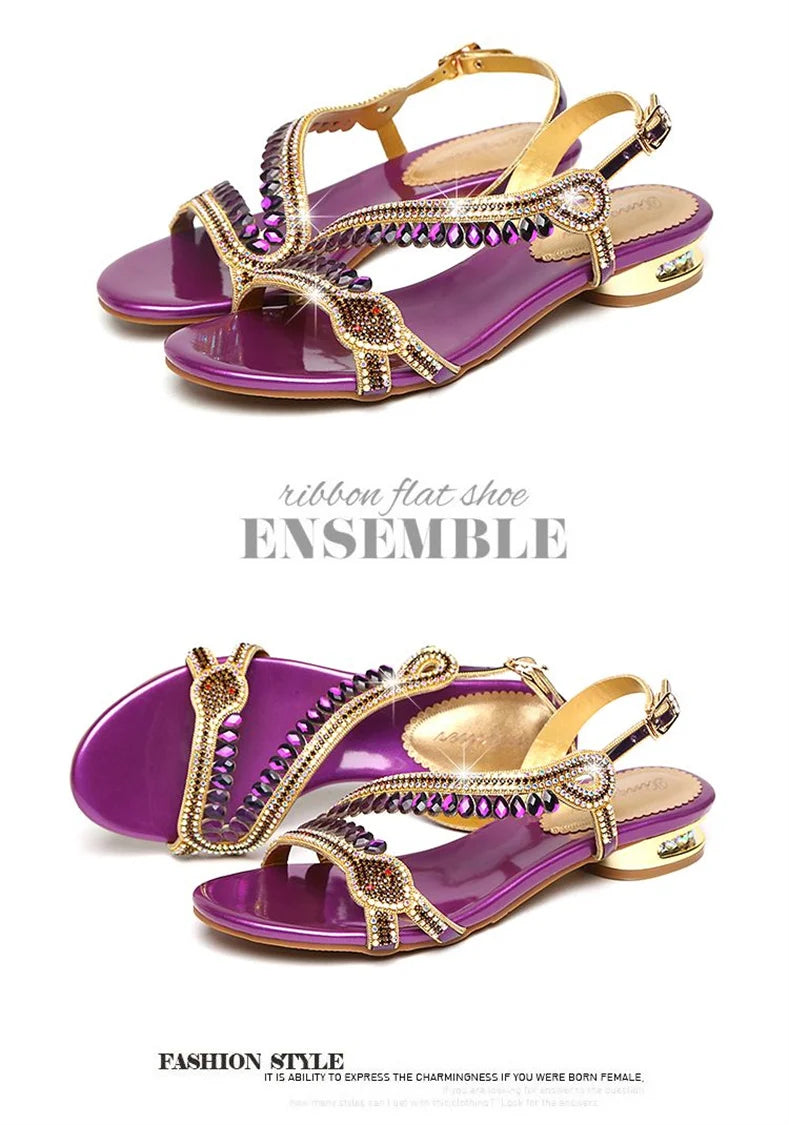 High-grade Rhinestones Fashion New Women's Summer Young Elegant Sandals Thick Heel Leisure Flat Bottomed Beach Sandals