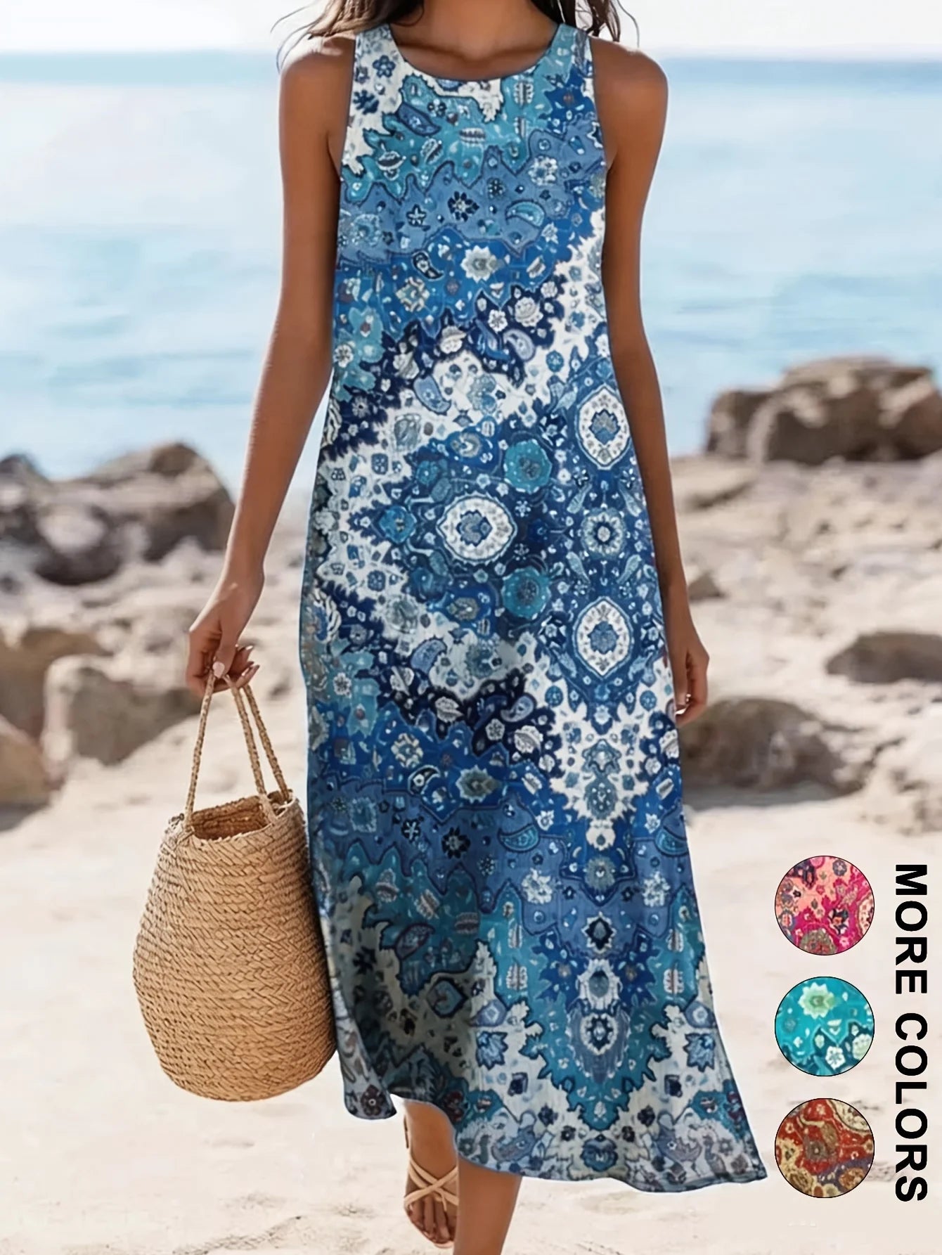 2026 Women's Sleeveless Bohemian Floral Casual Beach Midi Sundress with Pockets Flowing and Loose Sweetheart Rustic Country