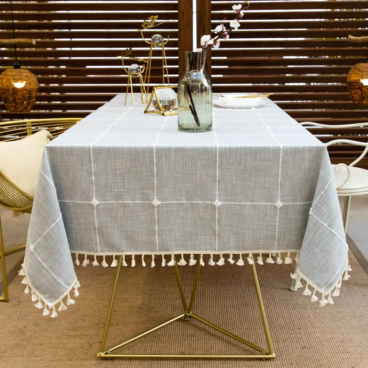 EMBROIDERED LINEN TASSEL TABLECLOTH - Handmade Cotton Linen Cover - Soft & Elegant