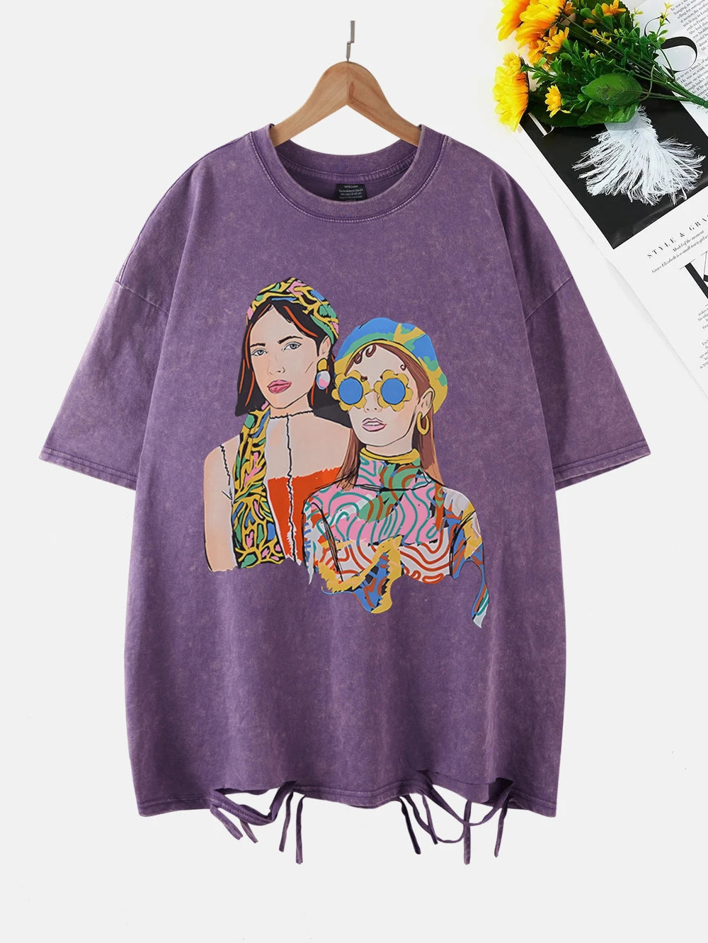 City Girls Art Print Washed T-Shirt - Oversize Acid Black