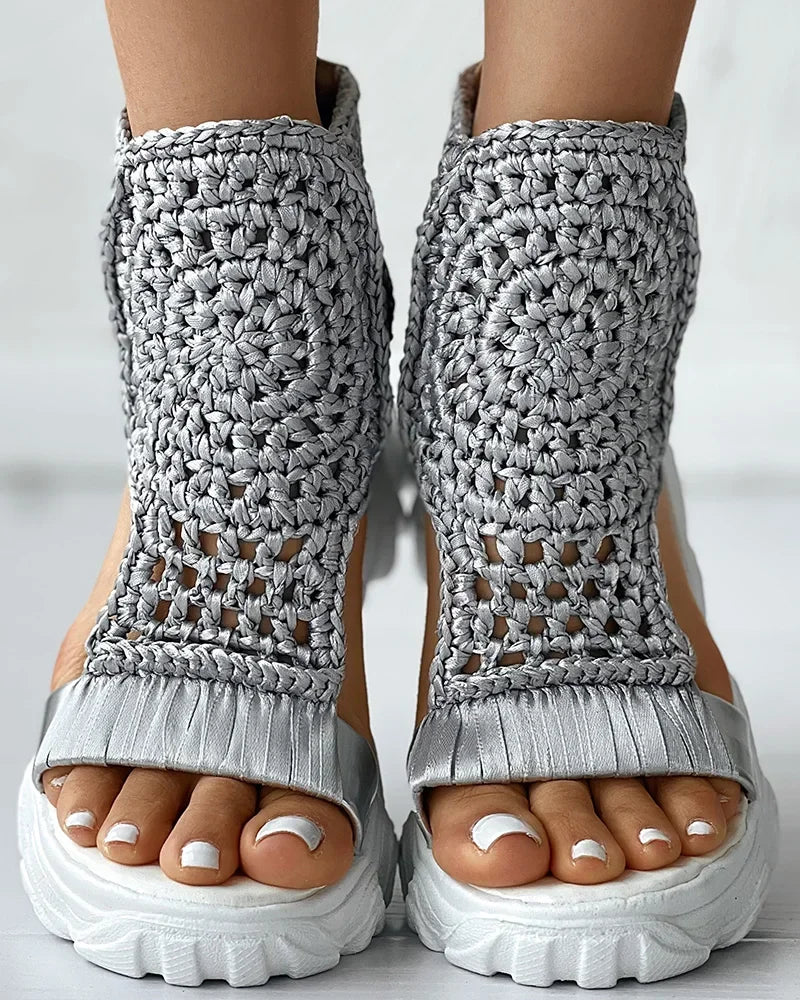 Hot Seller Gold Knitted Sandals for Women Braided Elastic Summer Shoe Mesh Flat Bottom Hollow Out Female Sandals Sandalias Mujer