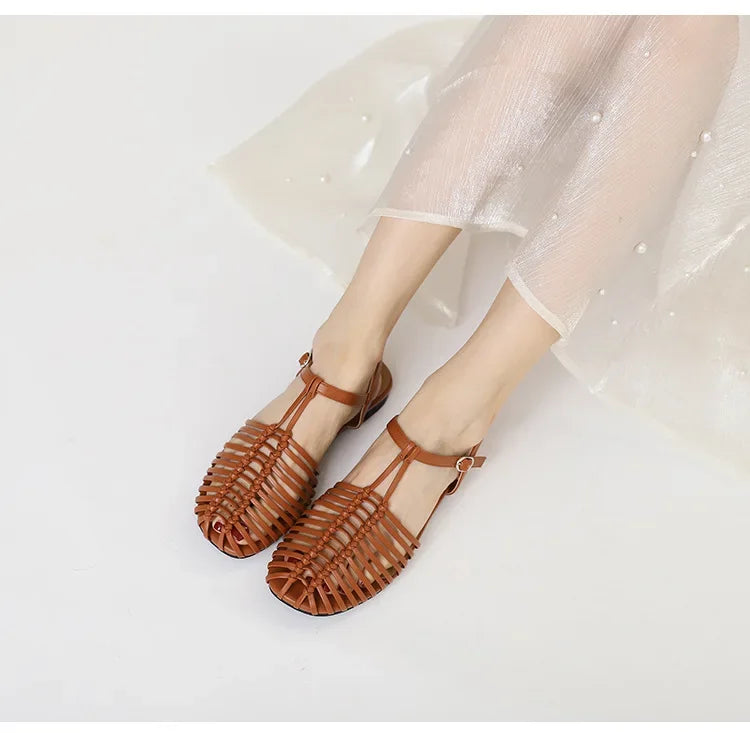Band Flat Sandals Women Summer Round Toe Ankle Buckle Hollow Roman Sandal Plus Size Beach Shoe